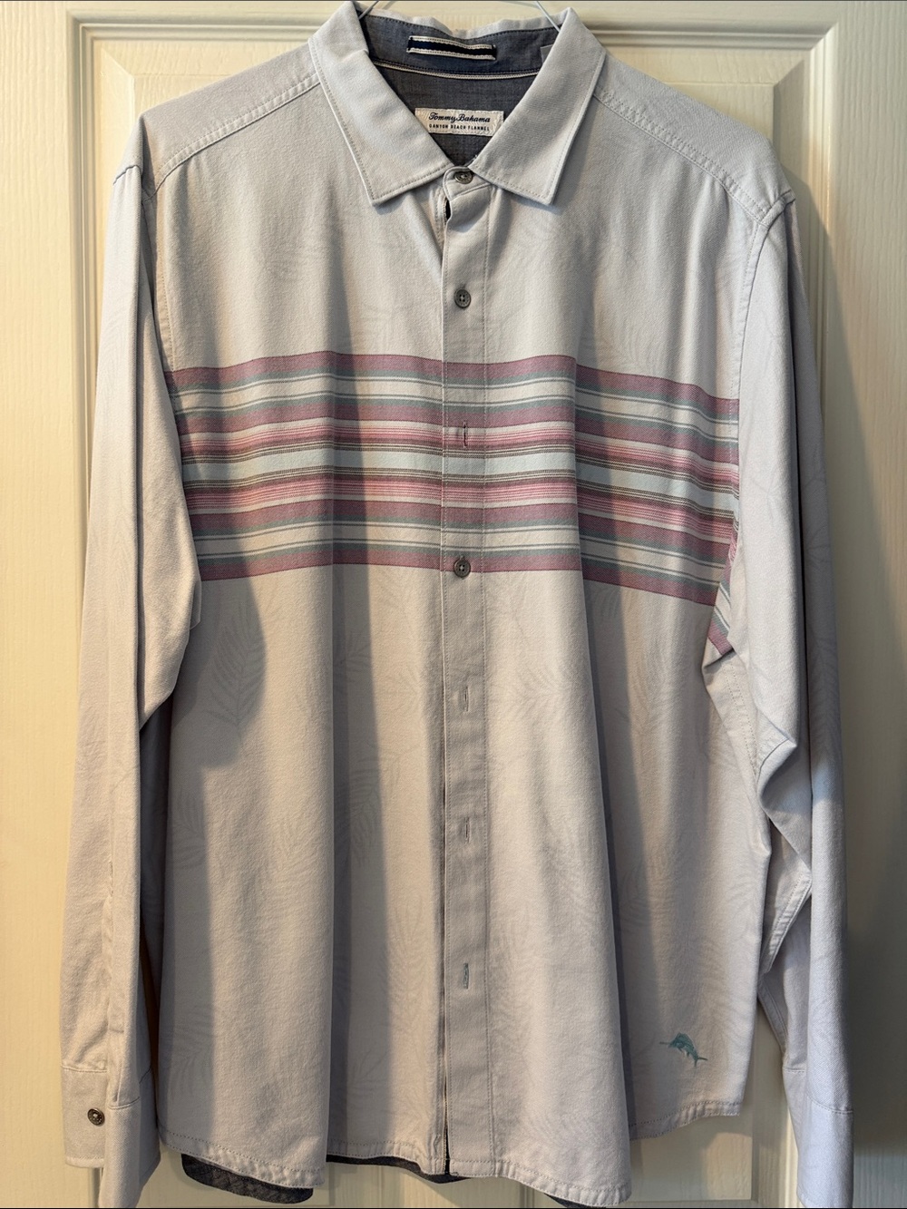 Tommy Bahama Light Gray Button-Down Shirt with Pink and Gray Stripes